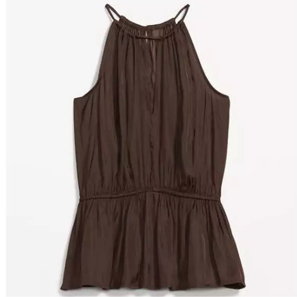 Brown sleeveless blouse with pleated peplum and keyhole cutout